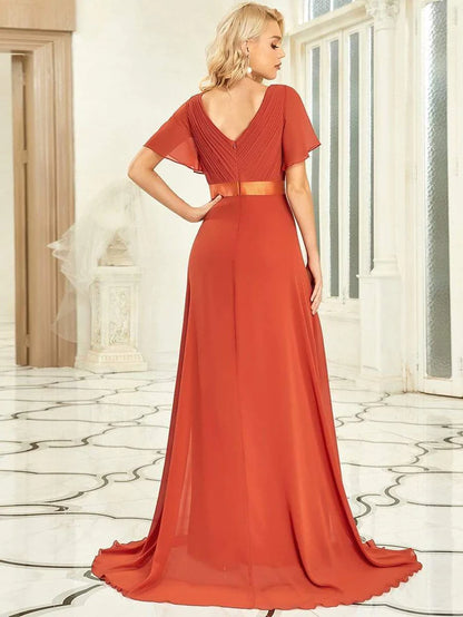 Empire Waist Floor Length Bridesmaid Dress with Short Flutter Sleeves