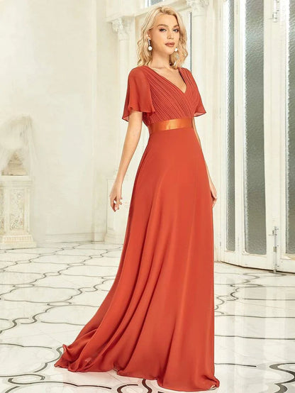 Empire Waist Floor Length Bridesmaid Dress with Short Flutter Sleeves