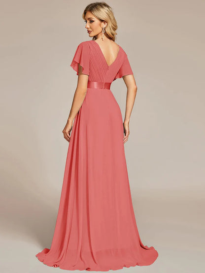 High Waist Maxi Chiffon Bridesmaid Dress with Short Sleeves