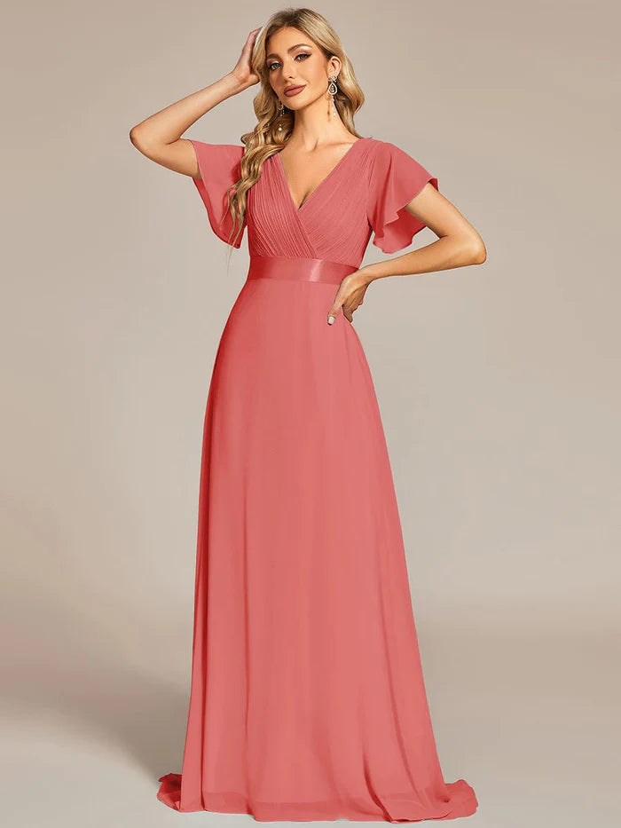 High Waist Maxi Chiffon Bridesmaid Dress with Short Sleeves