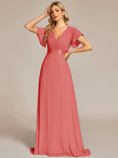 High Waist Maxi Chiffon Bridesmaid Dress with Short Sleeves