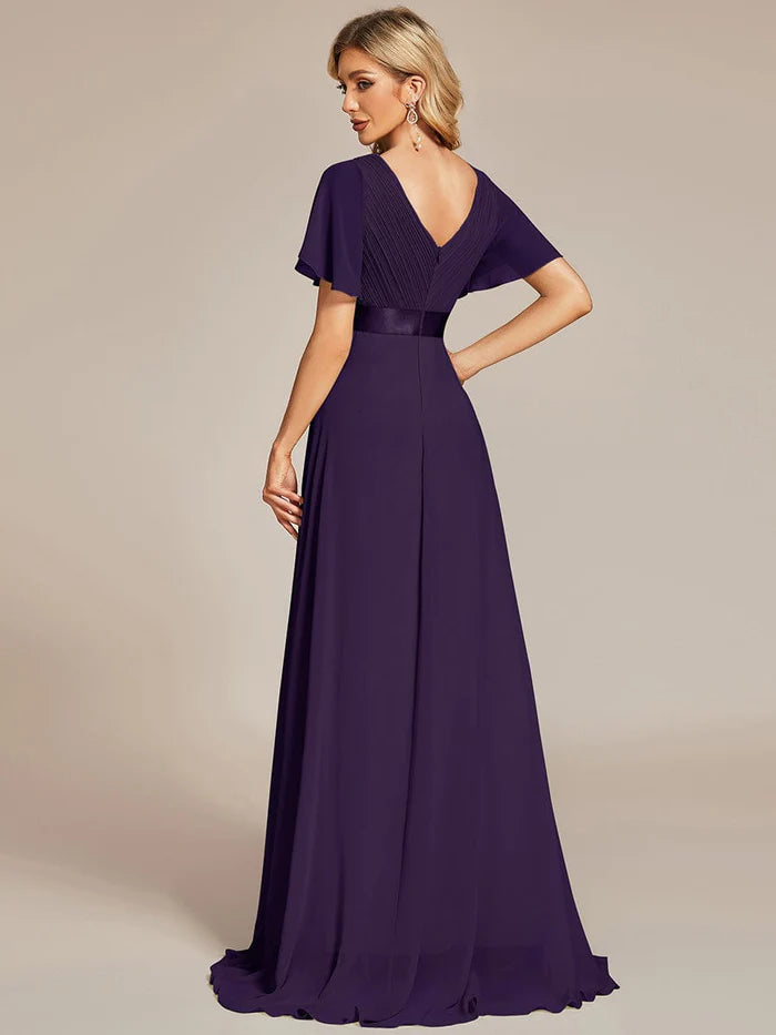 Empire Waist Floor Length Bridesmaid Dress with Short Flutter Sleeves