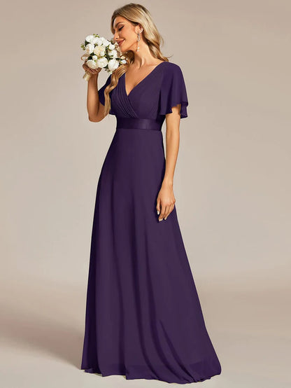 Empire Waist Floor Length Bridesmaid Dress with Short Flutter Sleeves