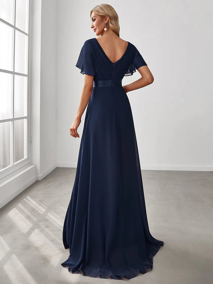 Empire Waist Floor Length Bridesmaid Dress with Short Flutter Sleeves