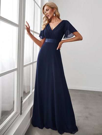 Empire Waist Floor Length Bridesmaid Dress with Short Flutter Sleeves