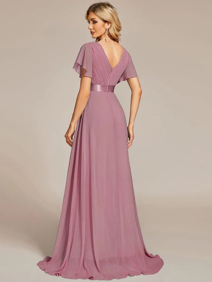 High Waist Maxi Chiffon Bridesmaid Dress with Short Sleeves