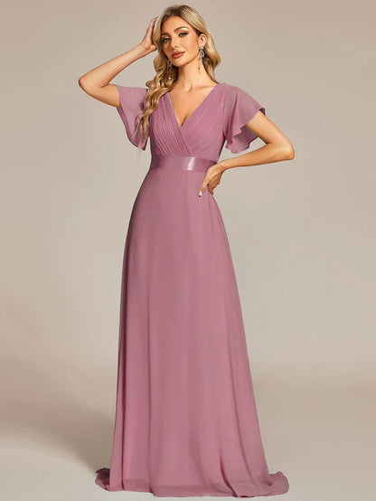 High Waist Maxi Chiffon Bridesmaid Dress with Short Sleeves