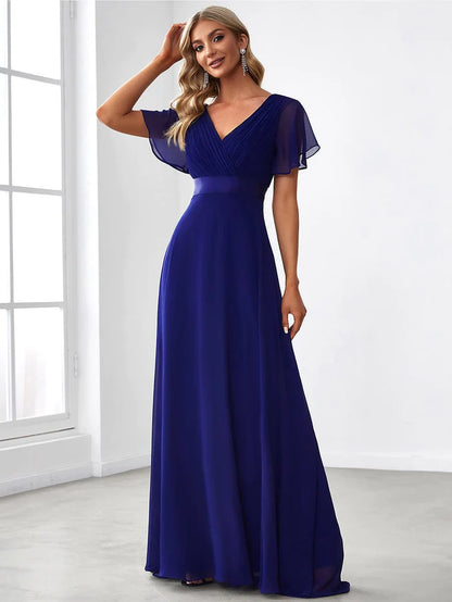 High Waist Maxi Chiffon Bridesmaid Dress with Short Sleeves