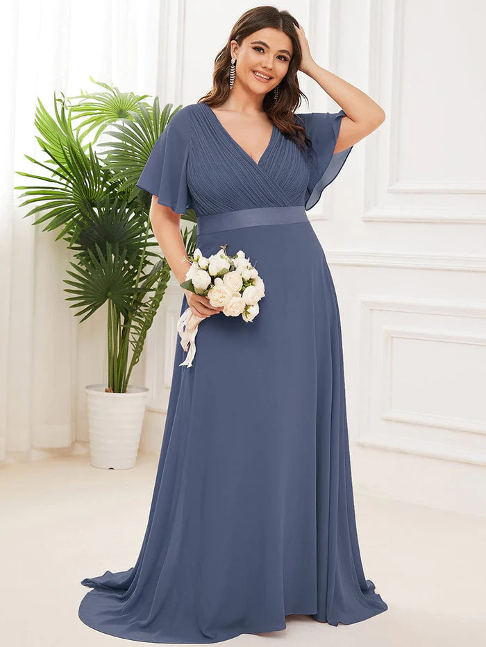 Flutter Sleeves Long Plus Size Bridesmaid Dress