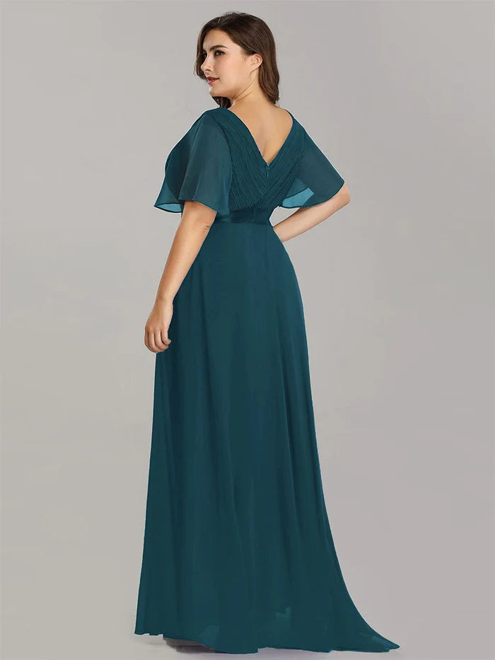 High Waist Maxi Chiffon Bridesmaid Dress with Short Sleeves