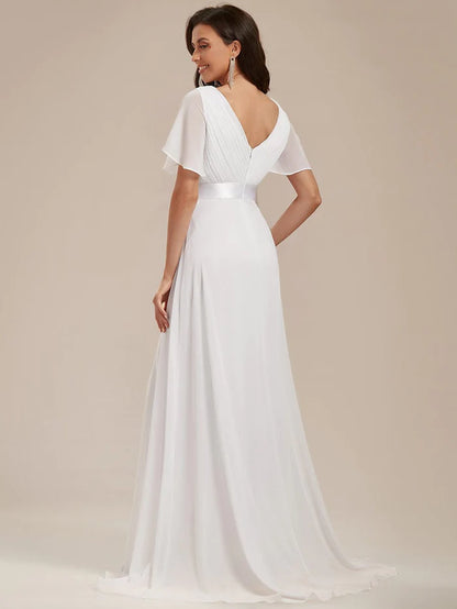 Empire Waist Floor Length Bridesmaid Dress with Short Flutter Sleeves