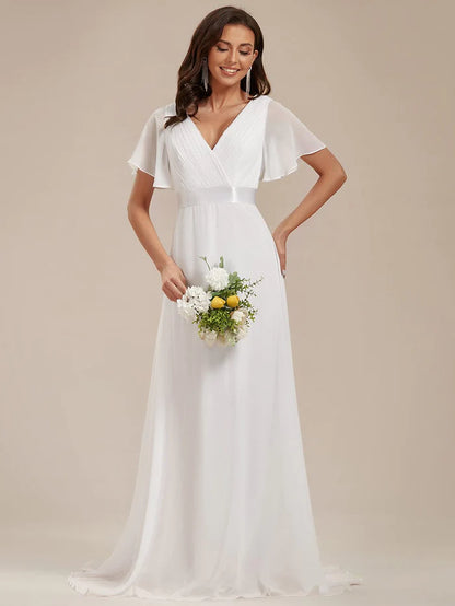 Empire Waist Floor Length Bridesmaid Dress with Short Flutter Sleeves