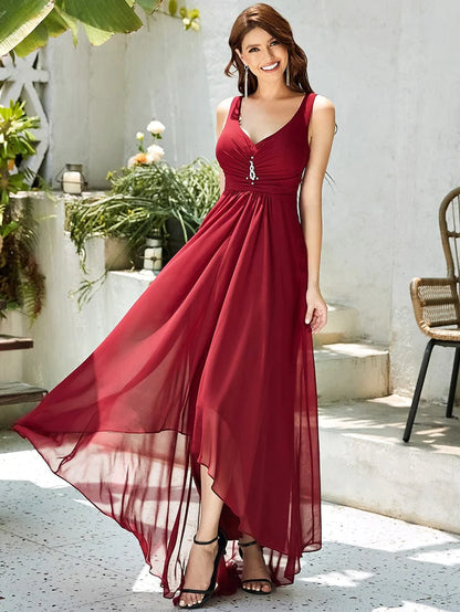 V-Neck High-Low Chiffon Evening Dress