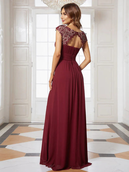 Flattering A-Line Chiffon Lace Evening Dress for Wedding with Cap Sleeve