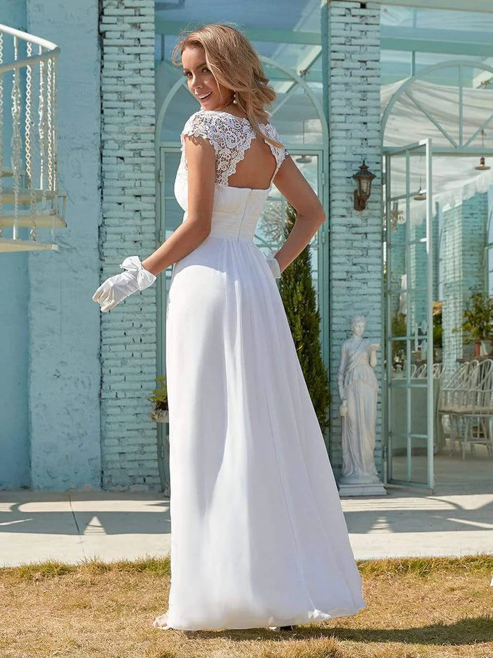 Plain Pleated Chiffon Wedding Dress with Lace Decorations