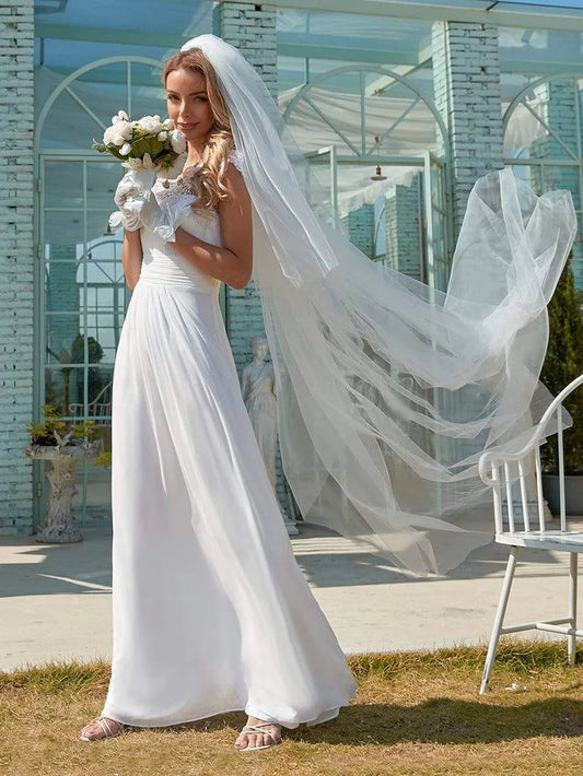 Plain Pleated Chiffon Wedding Dress with Lace Decorations