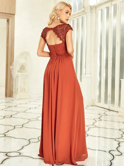 Maxi Long Lace Cap Sleeve Elegant Bridesmaid Dress