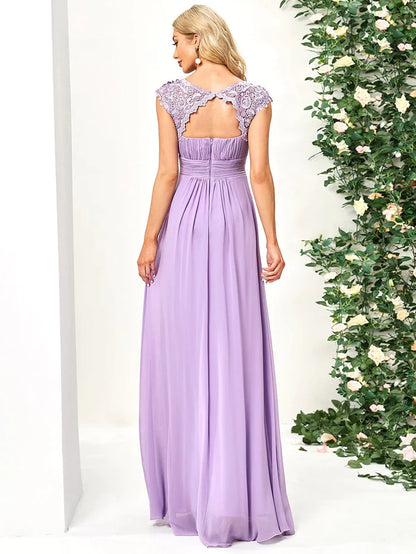 Maxi Long Lace Cap Sleeve Elegant Bridesmaid Dress