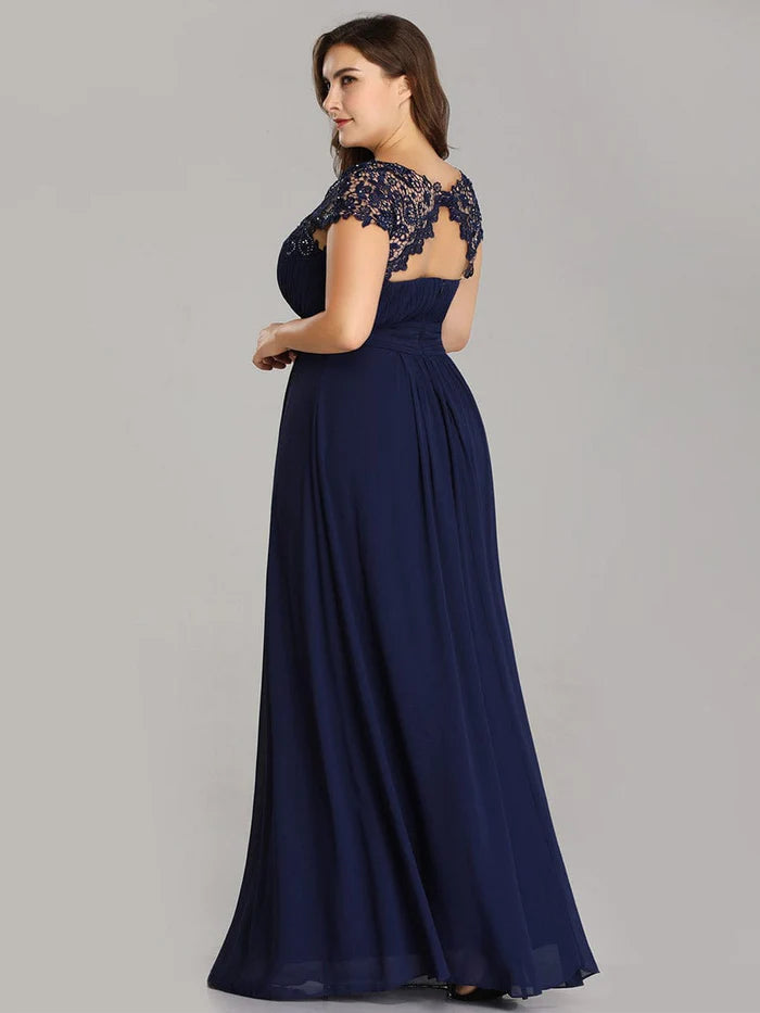 Flattering A-Line Chiffon Lace Evening Dress for Wedding with Cap Sleeve