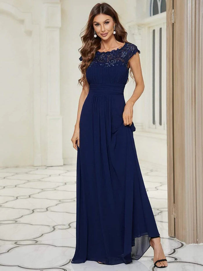 Flattering A-Line Chiffon Lace Evening Dress for Wedding with Cap Sleeve