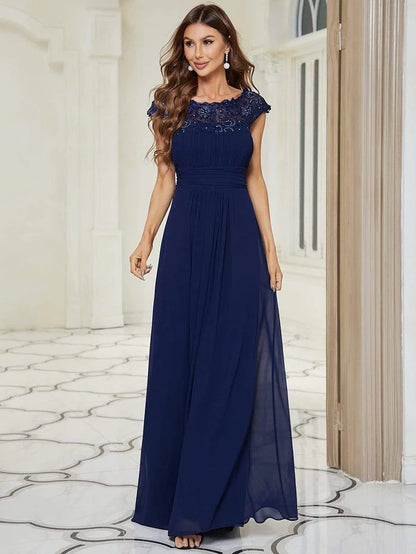 Flattering A-Line Chiffon Lace Evening Dress for Wedding with Cap Sleeve