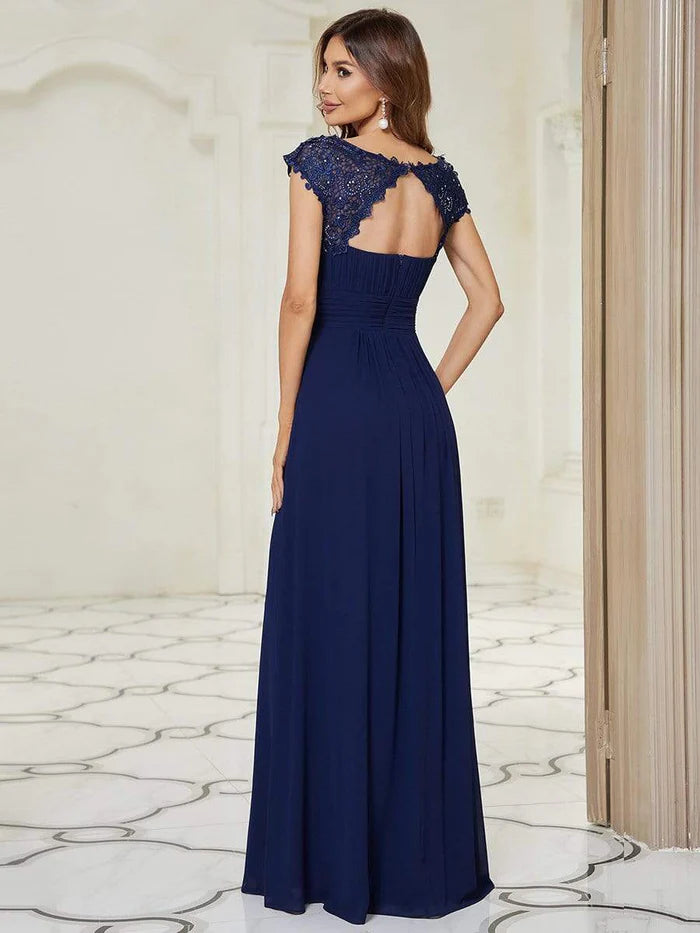 Flattering A-Line Chiffon Lace Evening Dress for Wedding with Cap Sleeve