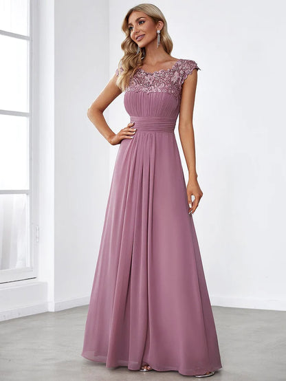 Elegant Maxi Long Lace Cap Sleeve Bridesmaid Dress