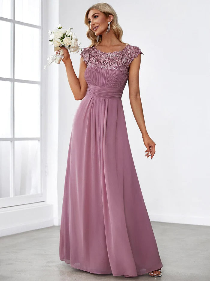 Flattering A-Line Chiffon Lace Evening Dress for Wedding with Cap Sleeve