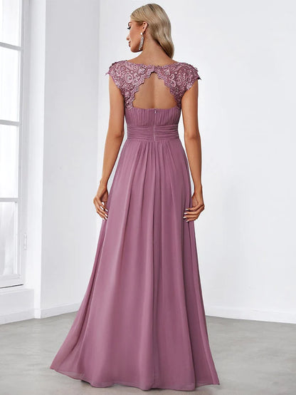 Flattering A-Line Chiffon Lace Evening Dress for Wedding with Cap Sleeve