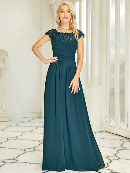 Flattering A-Line Chiffon Lace Evening Dress for Wedding with Cap Sleeve