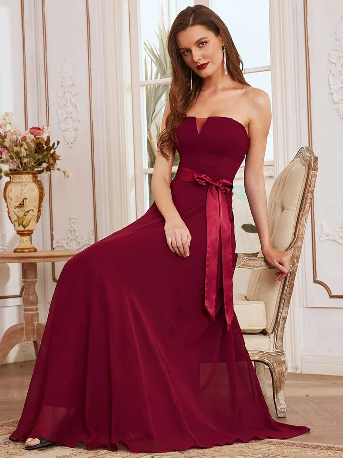 Romantic Strapless Floor Length Waistband Bridesmaid Dress