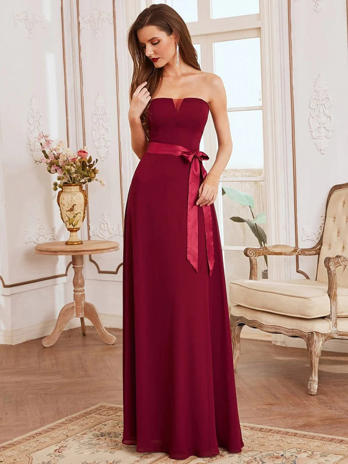 Romantic Strapless Floor Length Waistband Bridesmaid Dress