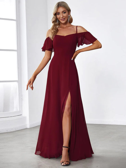 Stylish Cold-Shoulder Floor Length Bridesmaid Dress with Side Slit