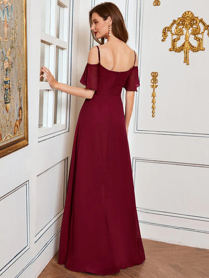 Stylish Cold-Shoulder Split Floor Length Wedding Guest Dress