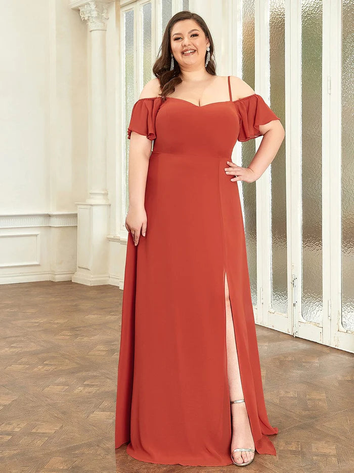 Stylish Cold-Shoulder Split Floor Length Wedding Guest Dress