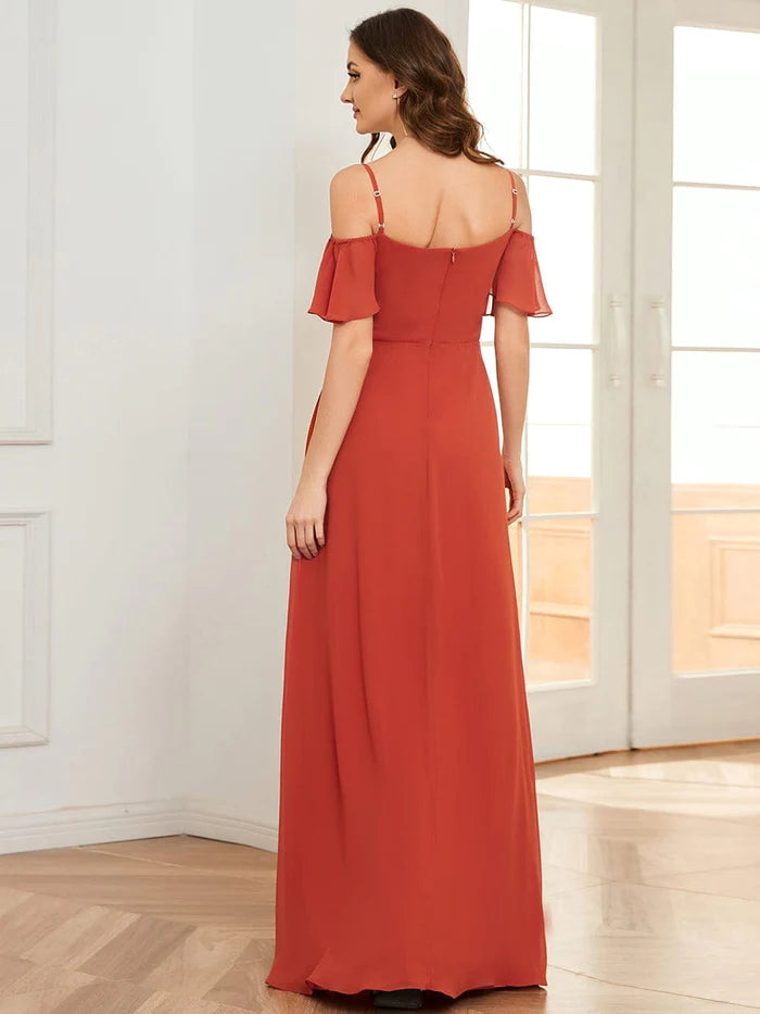 Stylish Cold-Shoulder Split Floor Length Wedding Guest Dress