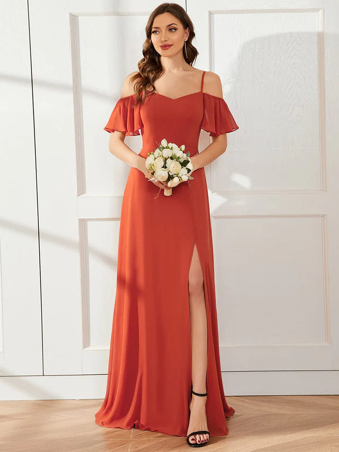 Stylish Cold-Shoulder Split Floor Length Wedding Guest Dress