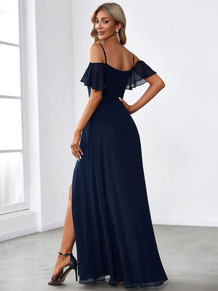 Stylish Cold-Shoulder Split Floor Length Wedding Guest Dress