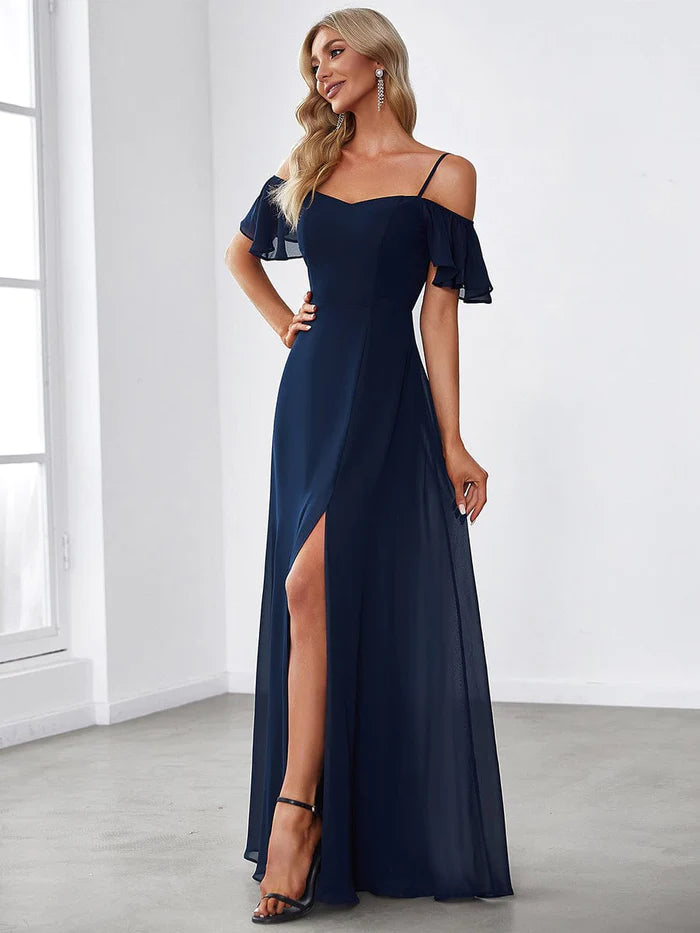 Stylish Cold-Shoulder Split Floor Length Wedding Guest Dress