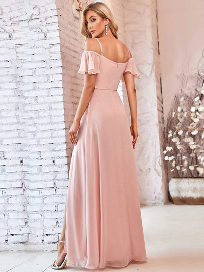 Stylish Cold-Shoulder Split Floor Length Wedding Guest Dress