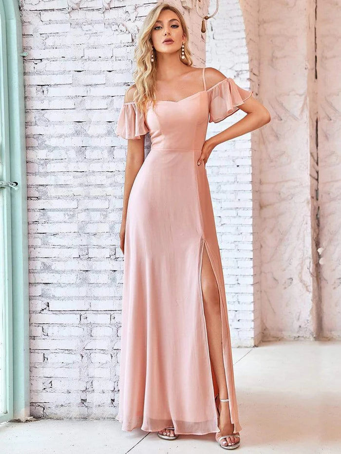 Stylish Cold-Shoulder Split Floor Length Wedding Guest Dress