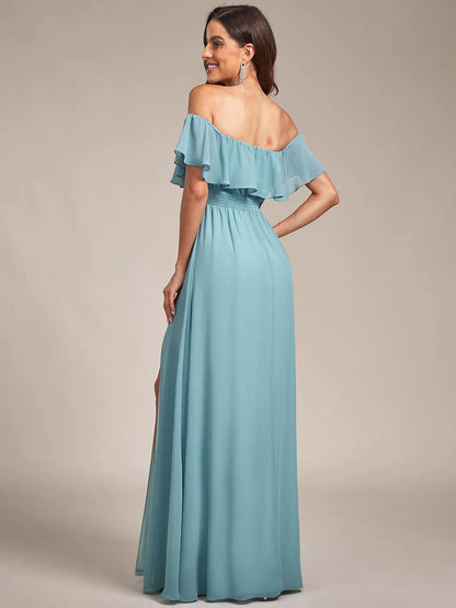 Off Shoulder Chiffon Maxi Bridesmaid Dresses with Side Split