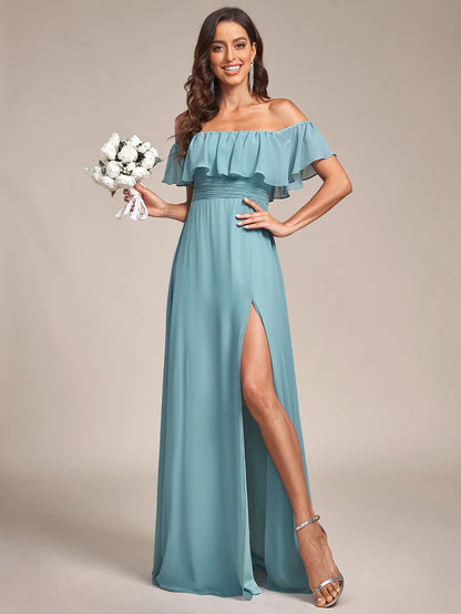 Off Shoulder Chiffon Maxi Bridesmaid Dresses with Side Split