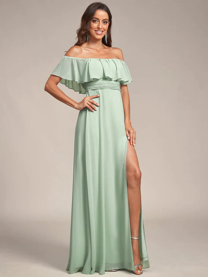 Off Shoulder Chiffon Maxi Bridesmaid Dresses with Side Split