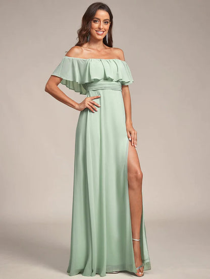 Off Shoulder Chiffon Maxi Bridesmaid Dresses with Side Split