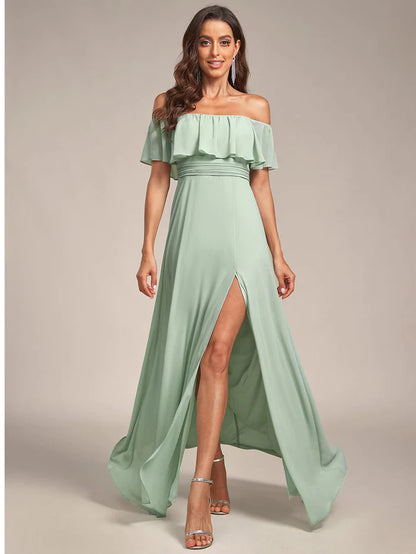 Off Shoulder Chiffon Maxi Bridesmaid Dresses with Side Split