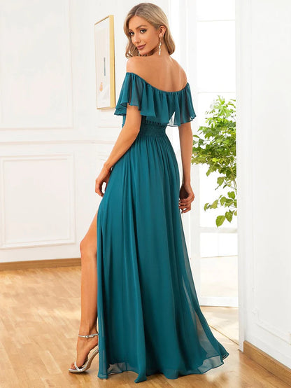 Off Shoulder Chiffon Maxi Bridesmaid Dresses with Side Split