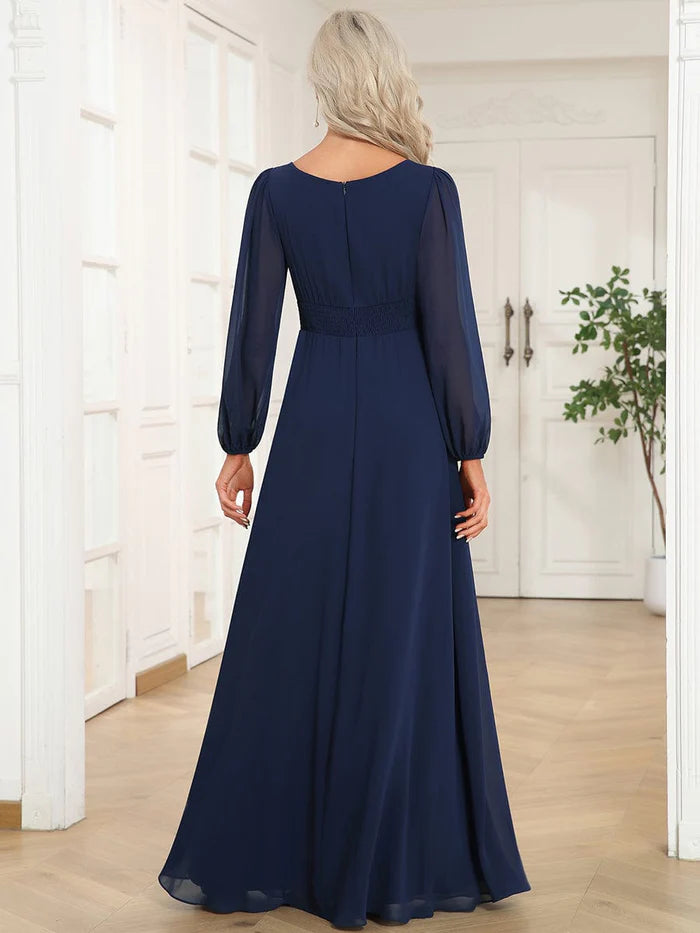 Chiffon Long Sleeve Pleated Floor Length Bridesmaid Dress