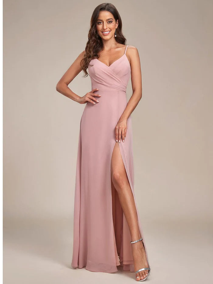 Spaghetti Strap Pleated V-Neck High Slit Bridesmaid Dress