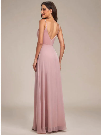 Spaghetti Strap Pleated V-Neck High Slit Bridesmaid Dress